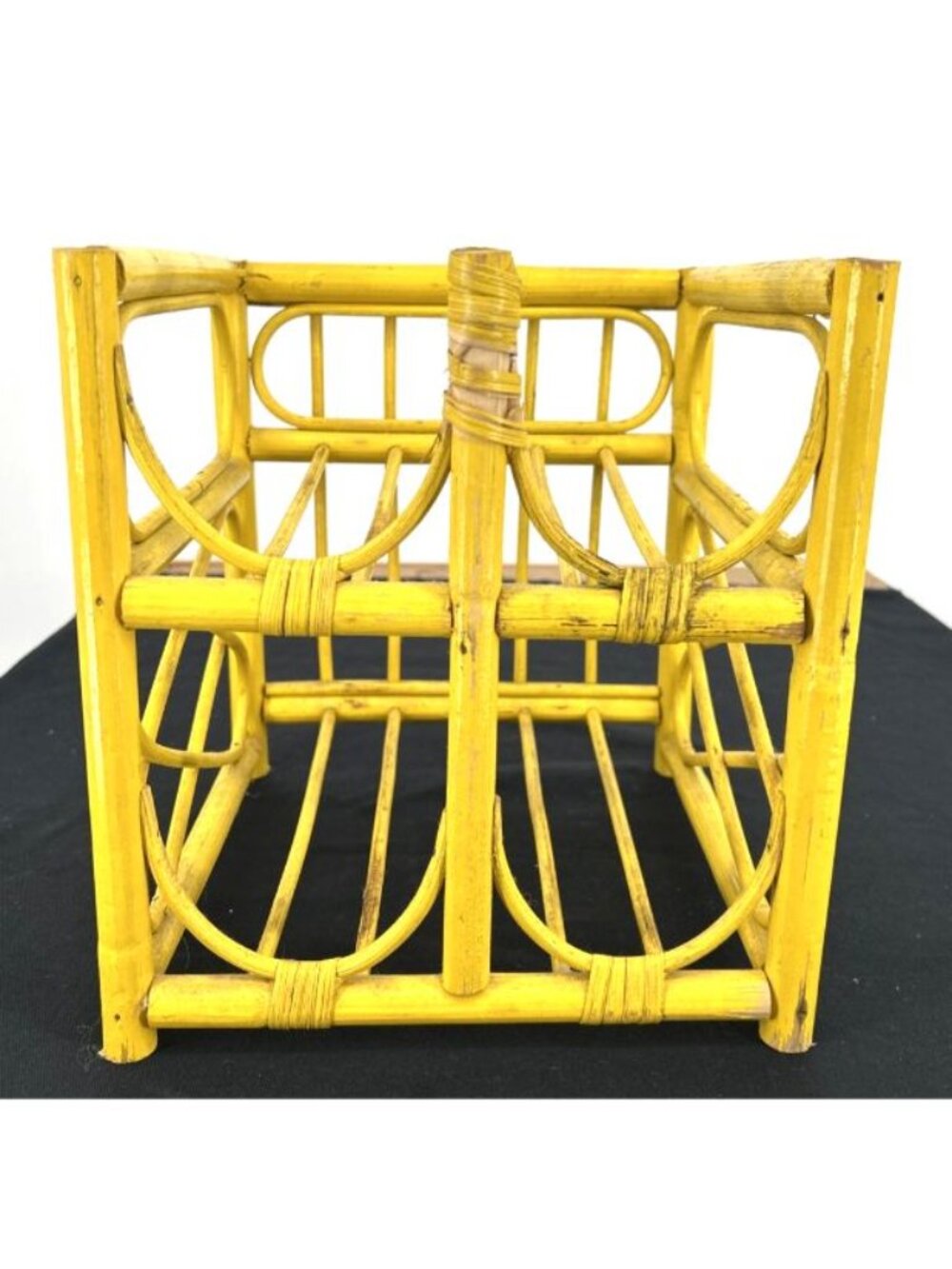 Wicker Wine Rack Bent Bamboo Rattan Holder 4 Bottle Yellow 1970s